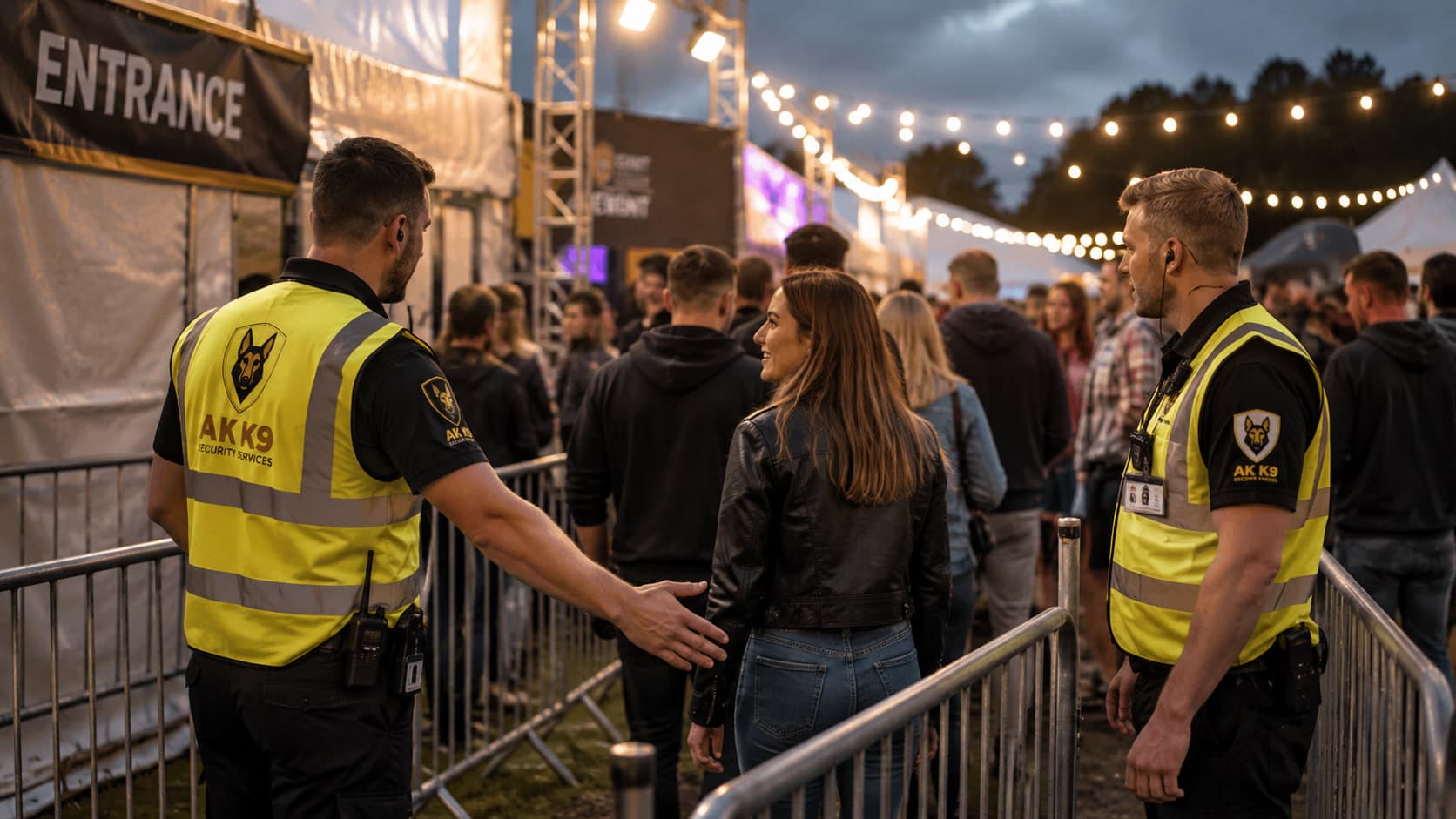 Two AK K9 Security Services event stewards in high-visibility vests managing a queue at a festival entrance in the evening, crowd barriers and string lighting behind