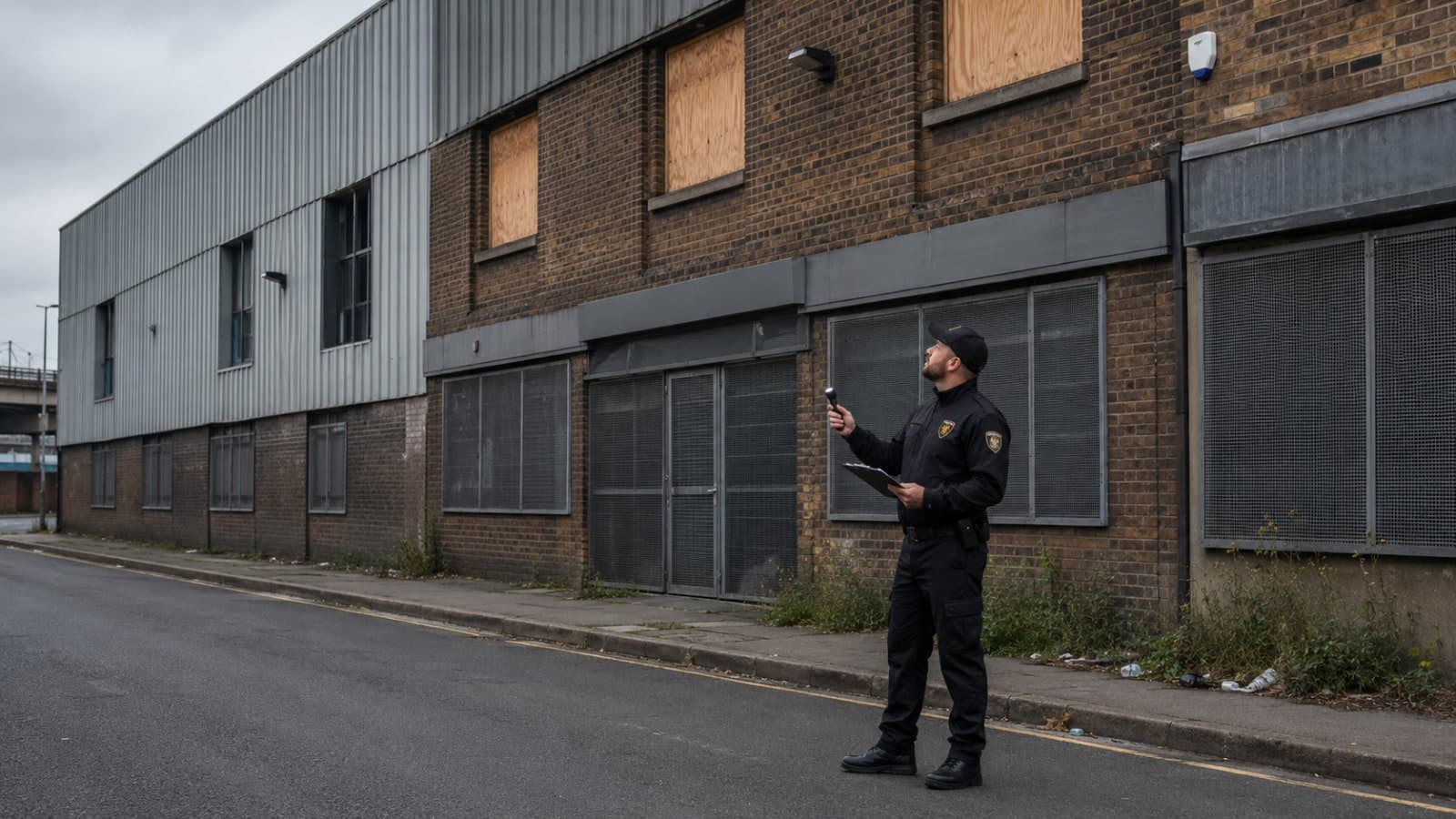 AK K9 Security Services officer with a torch and clipboard inspecting a vacant commercial building with boarded upper windows and steel security screens at ground level