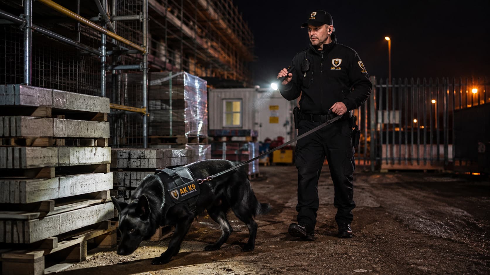 AK K9 Security Services dog handler with a torch and a black German Shepherd searching along stacked building materials on a construction site at night