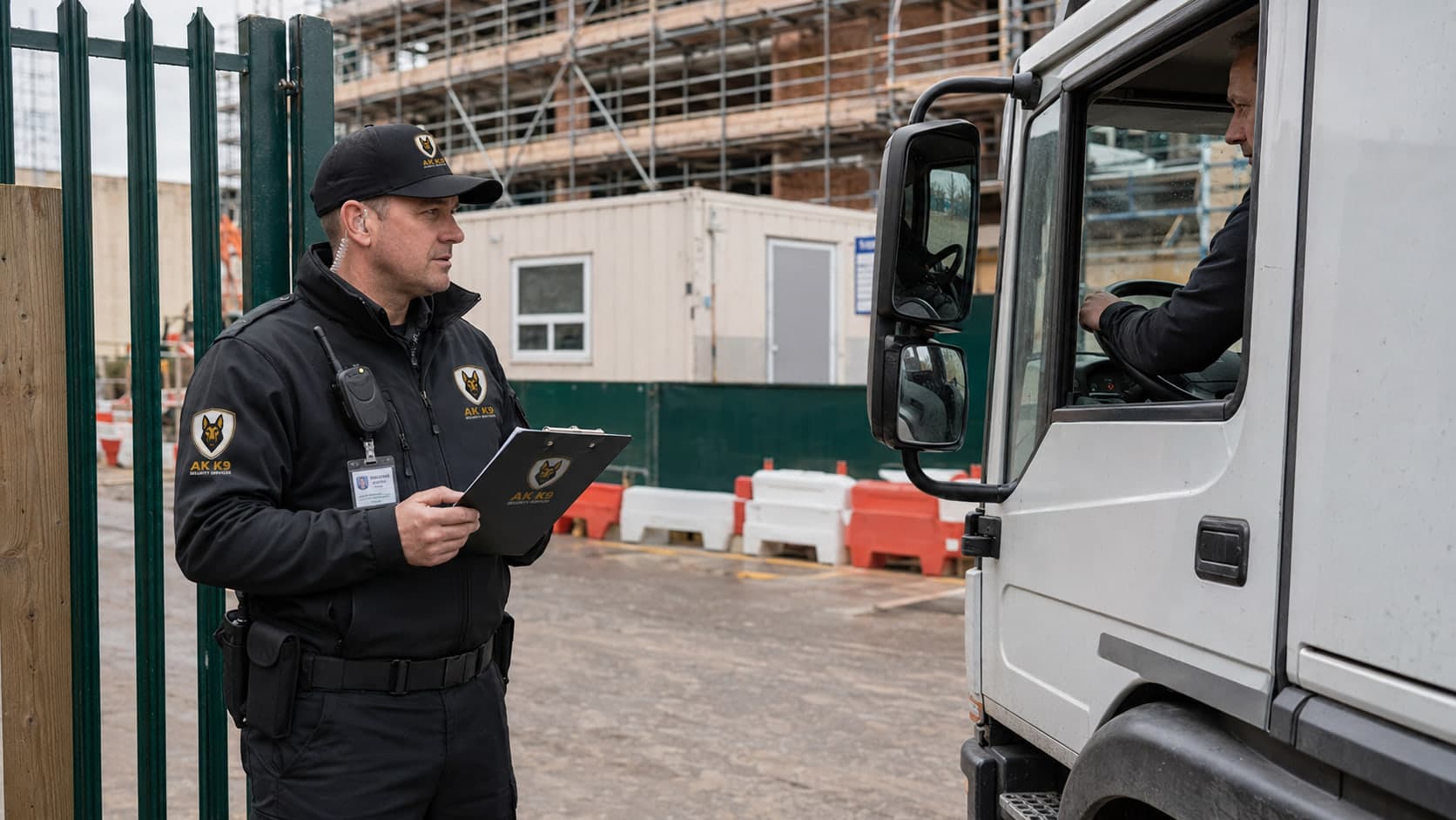 AK K9 Security Services officer in uniform at a construction site gate, holding a clipboard and checking a delivery lorry entering past palisade fencing