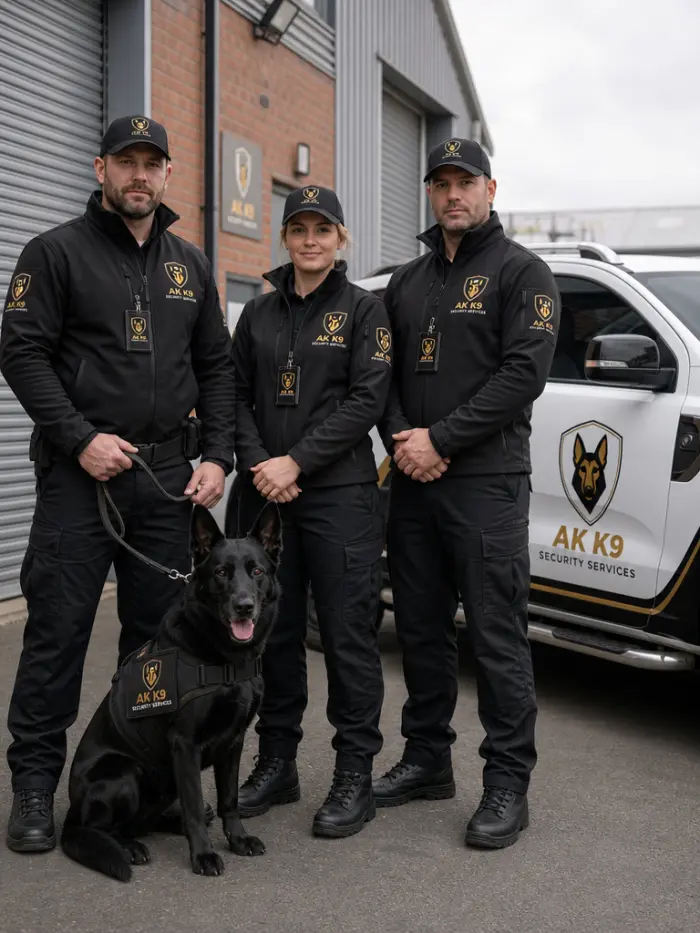 Three AK K9 Security Services personnel in uniform with a security dog on a lead, standing beside a marked patrol vehicle outside a commercial unit
