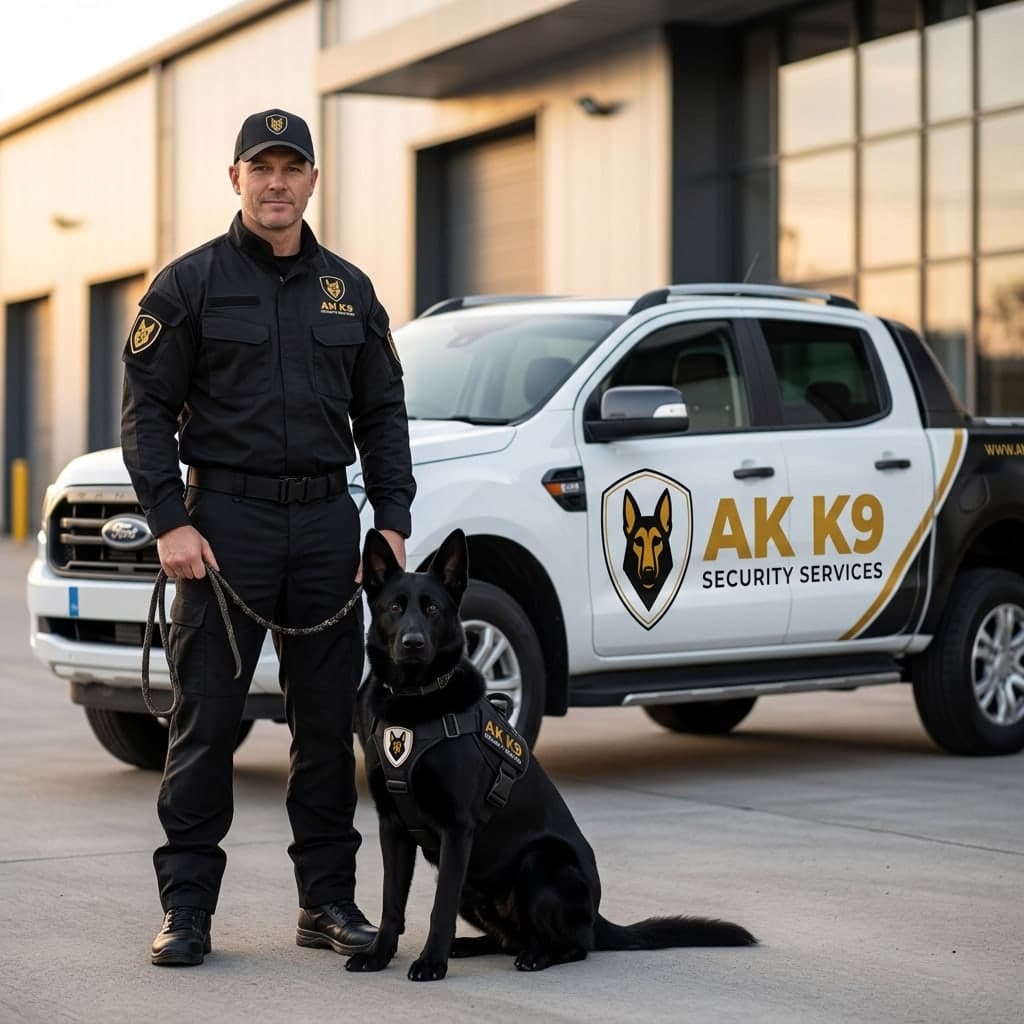 AK K9 Security Services handler in uniform with a security dog on a lead, standing beside a marked AK K9 patrol vehicle outside a commercial unit